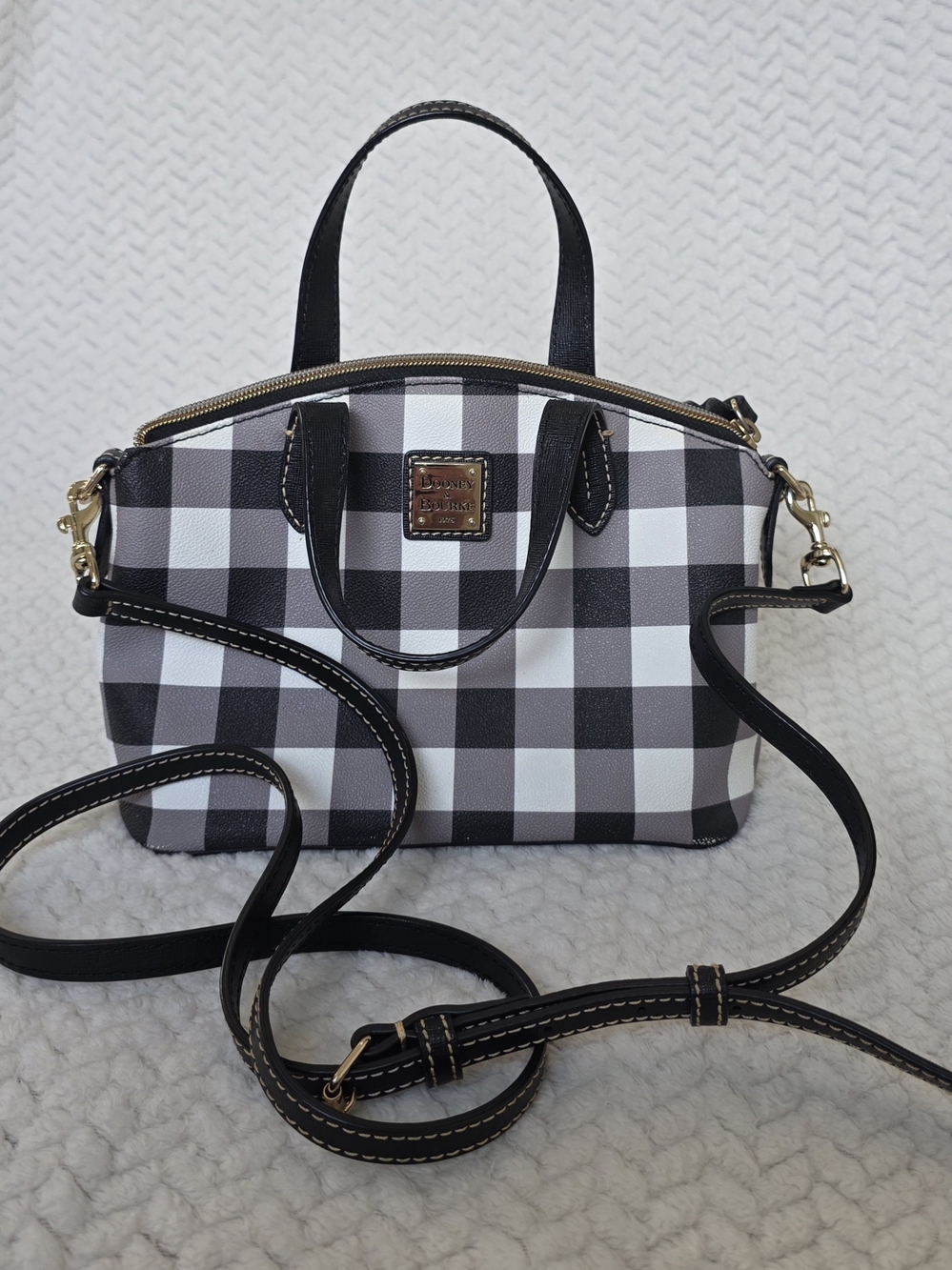 Dooney & Bourke Black & White Gingham Tucker Satchel with Ruby Interior